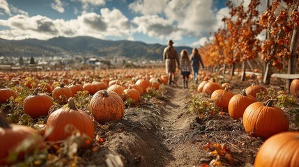 Family walks through pumpkin patch