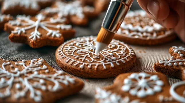 Decorating gingerbread cookies with white icing using a pastry brush for intricate designs close up