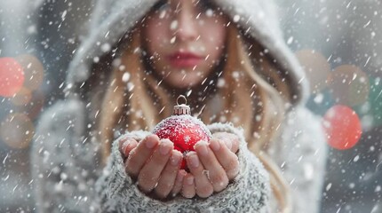 A girl in a snowy scene holding a red christmas ornament with snowflakes in her hands wearing mittens - Powered by Adobe
