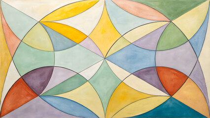 Fototapeta premium Abstract geometric pattern with pastel watercolor shapes and black outlines image