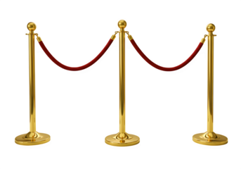 Three golden stanchions with red velvet ropes isolated on white or transparent background. PNG