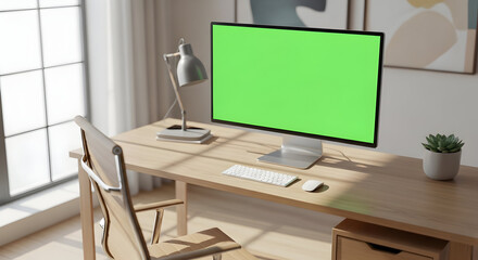 Fototapeta premium Modern computer with green screen on desk at home office