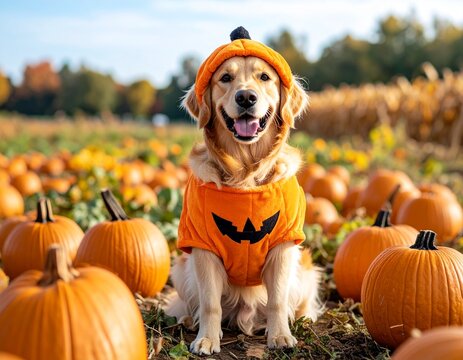 Golden Retriever in a Pumpkin Costume at a Pumpkin Patch