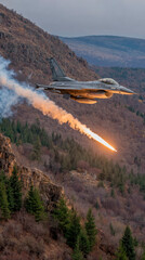 Realistic photo f16 airplane fire missile in target