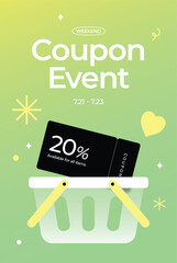 Colorful Coupon Event Templates with Shopping Basket Illustration