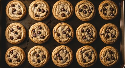 Overhead shot of chocolate chip cookies arranged in neat rows on a baking sheet ready to cool and serve.