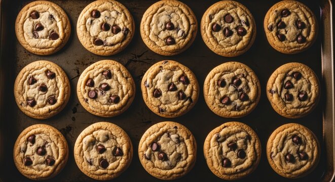 Overhead shot of chocolate chip cookies arranged in neat rows on a baking sheet ready to cool and serve.