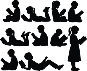 Collection of diverse children silhouettes engaged in reading books in various poses on a white background