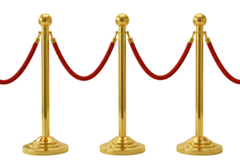 Three golden stanchions with red velvet ropes isolated on white or transparent background. PNG
