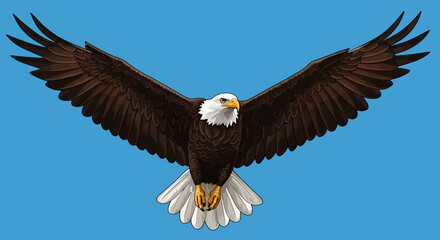 Obraz premium Majestic bald eagle in flight, wings outstretched against a clear blue sky.