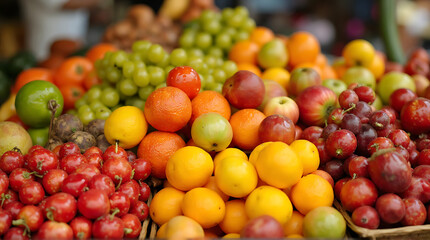 Fresh fruit abundance in vibrant display featuring a variety of colors and textures