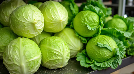Fototapeta premium Fresh green cabbages in abundance, symbolizing healthy eating and agriculture bounty