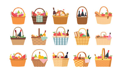 Picnic baskets vector illustration set