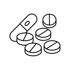 Outline illustration of a capsule and several round pills with scored lines