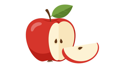 A whole and sliced red apple, with a stem and leaves,  against a plain white background.