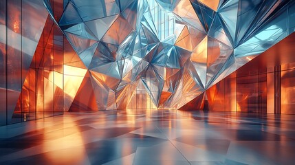 Futuristic geometric architecture with dazzling light reflections and metallic sheen