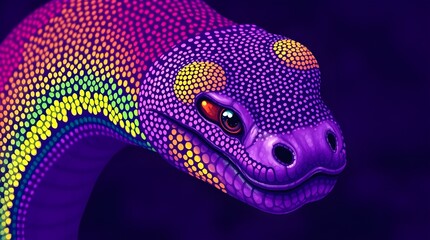 A vibrant depiction of a dinosaur features a rainbow of colors forming intricate patterns over its body, set against a dark background. The design emphasizes vivid contrast and attention to detail