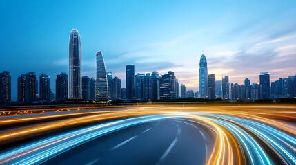 Fototapeta premium Dynamic nighttime cityscape urban skyline photography modern environment wide angle vibrant light trails for seo impact