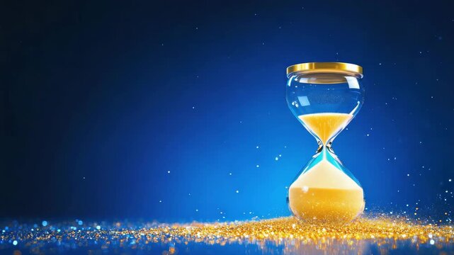 Time running out in golden hourglass, set against dark blue background with glitter particles.