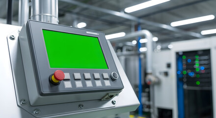 Machine control panel with green screen in industrial factory