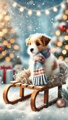 Adorable puppy in a winter wonderland scene with Christmas lights and snow, festive joy