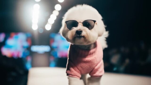 Runway Dog: A Bichon Frise struts the catwalk in sunglasses and a pink sweater, modeling for an audience.