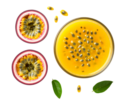 Top View of Passion Fruit Juice in Round Glass with Sliced Fruit Garnish, White Background – PNG – AI Generated