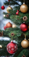 Festive Christmas tree with sparkling ornaments and pinecones creating holiday cheer and warmth
