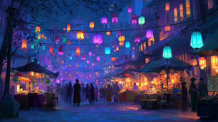 A digital painting of a bustling night market with lanterns