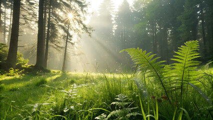 Fototapeta premium Sunbeams pierce misty forest canopy illuminating dew-kissed ferns and vibrant green meadow