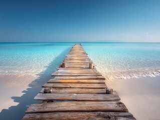 Obraz premium Rustic wooden pier stretching over crystal clear turquoise waters toward the horizon under bright blue skies in a serene tropical seascape