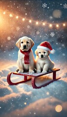 Adorable golden retriever puppies wearing festive holiday hats enjoy a snowy Christmas sleigh ride