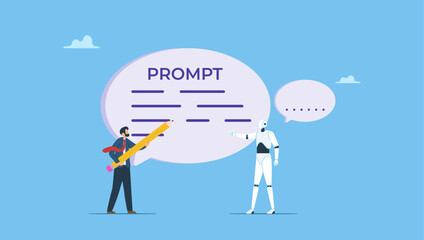 Businessman prompt-engineer writing a prompt. Creating content using a generative AI model, concept of artificial intelligence in business, artificial intelligence development copy.