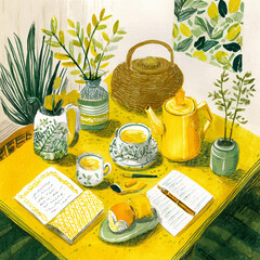 A hand-drawn depiction of a cozy tea table
