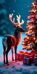 Magical Christmas scene with glowing reindeer, gifts, and tree sparkling with lights in snowy landscape