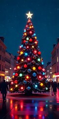 Feel the Christmas magic with this vibrant tree lighting up the city streets at night for the holidays
