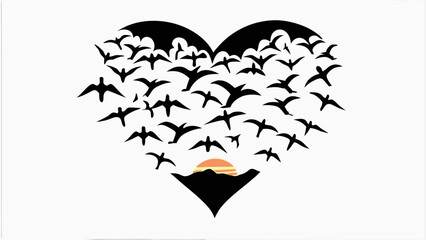 Fototapeta premium Silhouette of birds flying in heart shape with sunset over mountain landscape in black and white design
