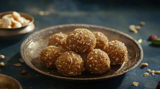 Sweet treats made with ghee and spices, served in a metal plate on a dark surface.