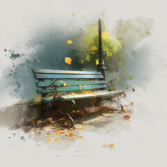 A digital painting of a cozy city park bench with leaves