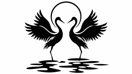 Obraz premium Two black cranes facing each other with wings spread standing in water under a circular halo design silhouette