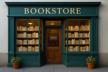 Front view of vintage green bookstore with serif "BOOKSTORE" sign, closed book covers in display, warm ambient light, symmetrical potted flowers, clean facade, open sign for mockup use