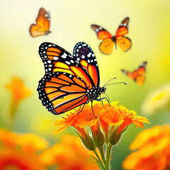 Fototapeta premium Monarch Butterflies Gathering Nectar from Vibrant Orange Flowers in a Sunny Garden A Symphony of Color and Life in the Natural World Beautiful Insect Scene