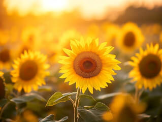 Obraz premium A sun-drenched field of sunflowers glows warmly under a bright sky, radiating joy and natural beauty.