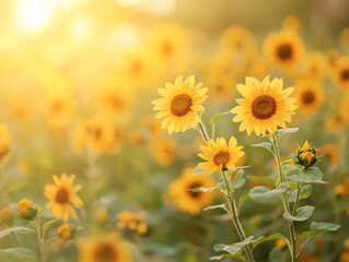 Obraz premium A sun-drenched field of sunflowers glows warmly under a bright sky, radiating joy and natural beauty.