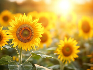 Fototapeta premium A sun-drenched field of sunflowers glows warmly under a bright sky, radiating joy and natural beauty.