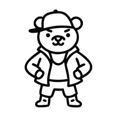 Fototapeta premium Cool cartoon bear in hoodie with cap, black and white vector outline style