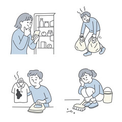 家事に苦戦する男女のイラストセット