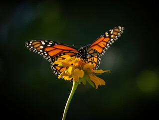 Obraz premium Monarch Butterfly Delight A Close Up View of a Monarch Butterfly Sipping Nectar from a Yellow Flower in a Natural Outdoor Setting with Soft Lighting