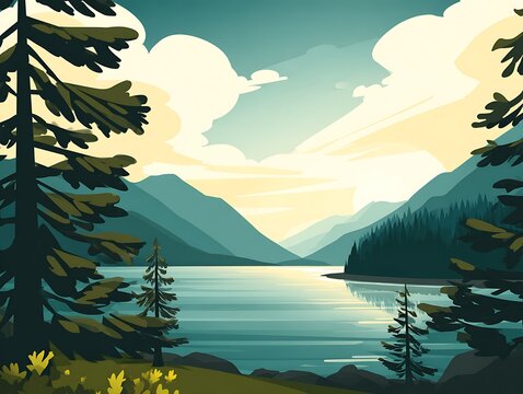 Serene lake and mountains landscape scenery