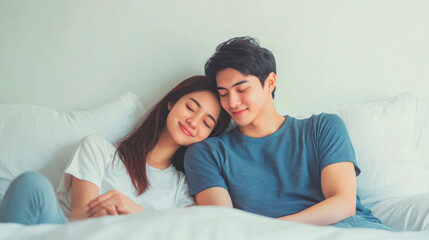 Couple lazy on white bed